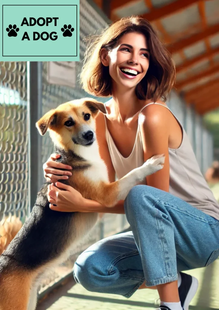 AI-generated image of a woman in a shelter. She is smiling and holding a dog who she just adopted.