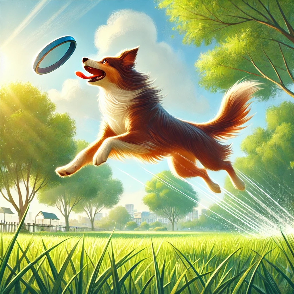 AI generated image of a Collie dog jumping after a frisbee. The scene is set in a park.
Choosing the right dog breed