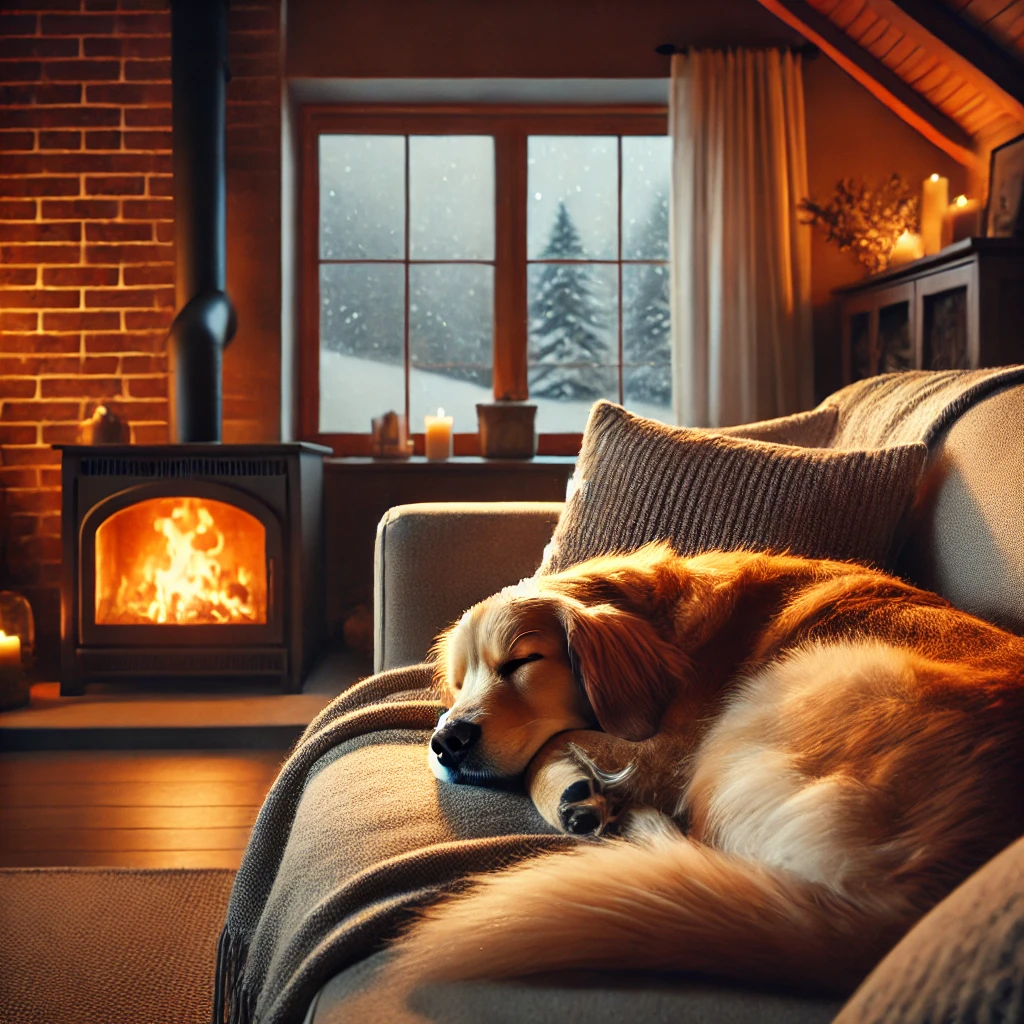 A Golden Retriever dog snoozing on the sofa. The fireplace is going and it is snowing outside.