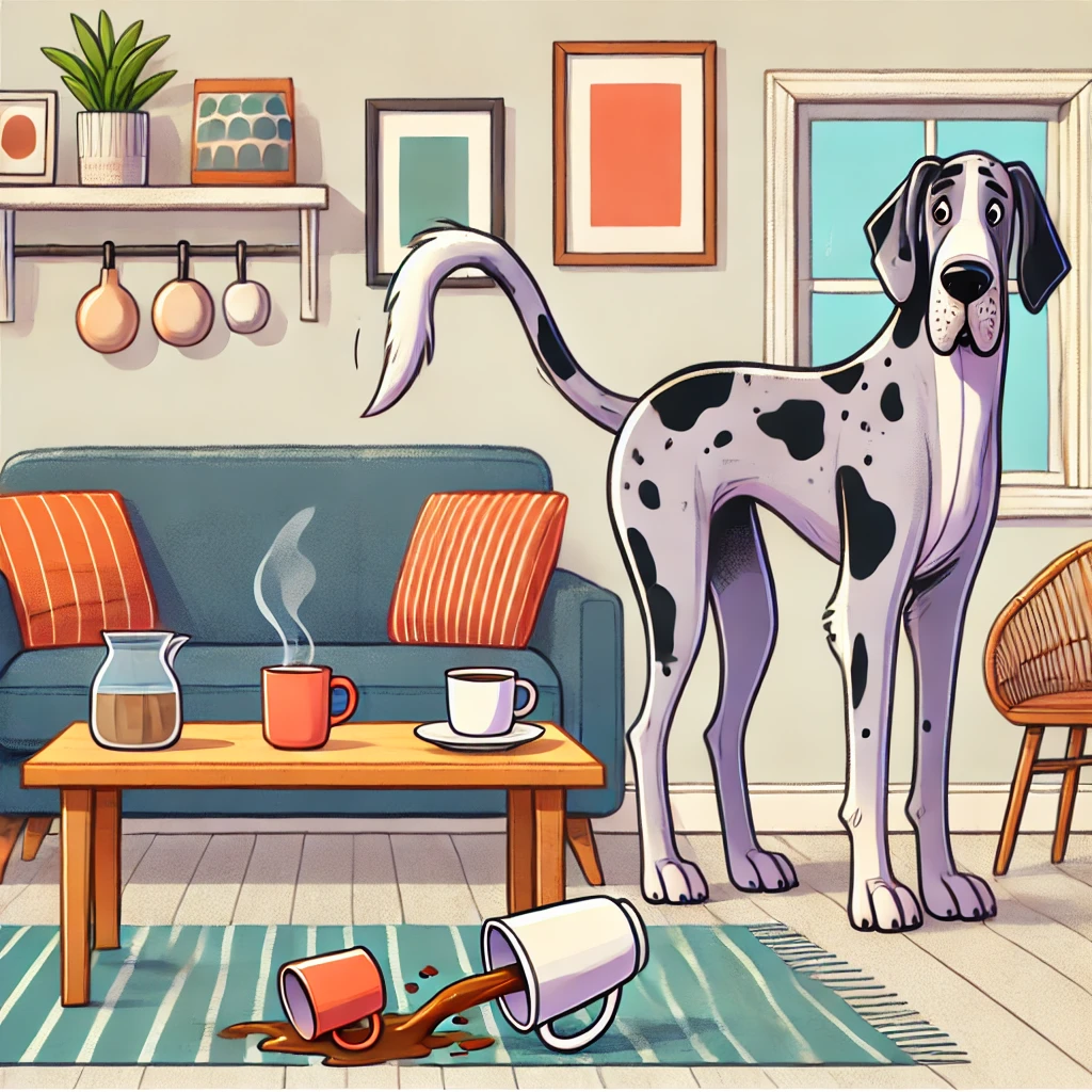 A Great Dane standing next to a coffee table with an 'oh oh' look on his face. He has just swished some coffee cups off the table with his tail.