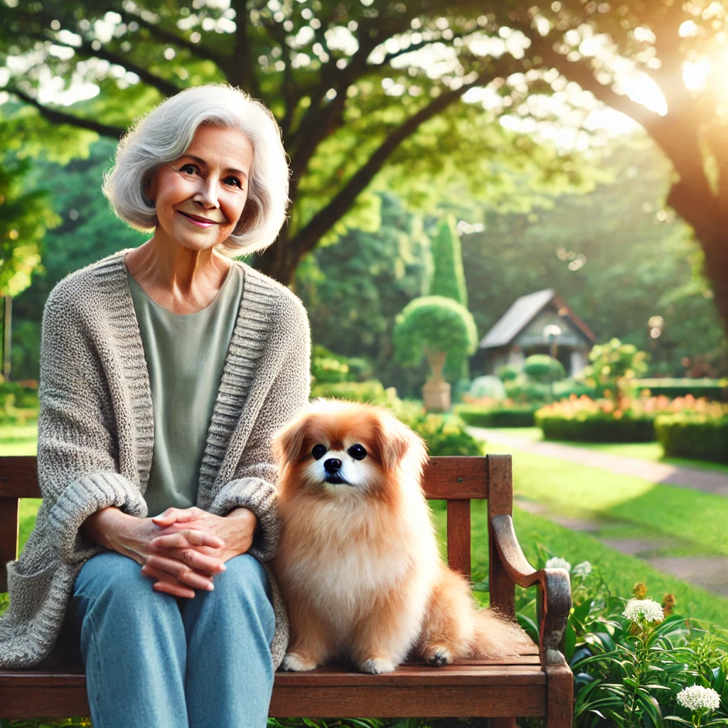 An elderly woman sitting with her small sable-coloured dog on a park bench.