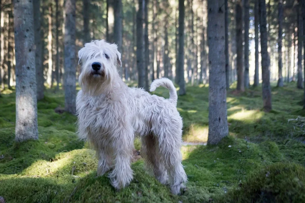 A white/creamy colours Soft-Coated Wheaten Terrier standing in a forrest setting.