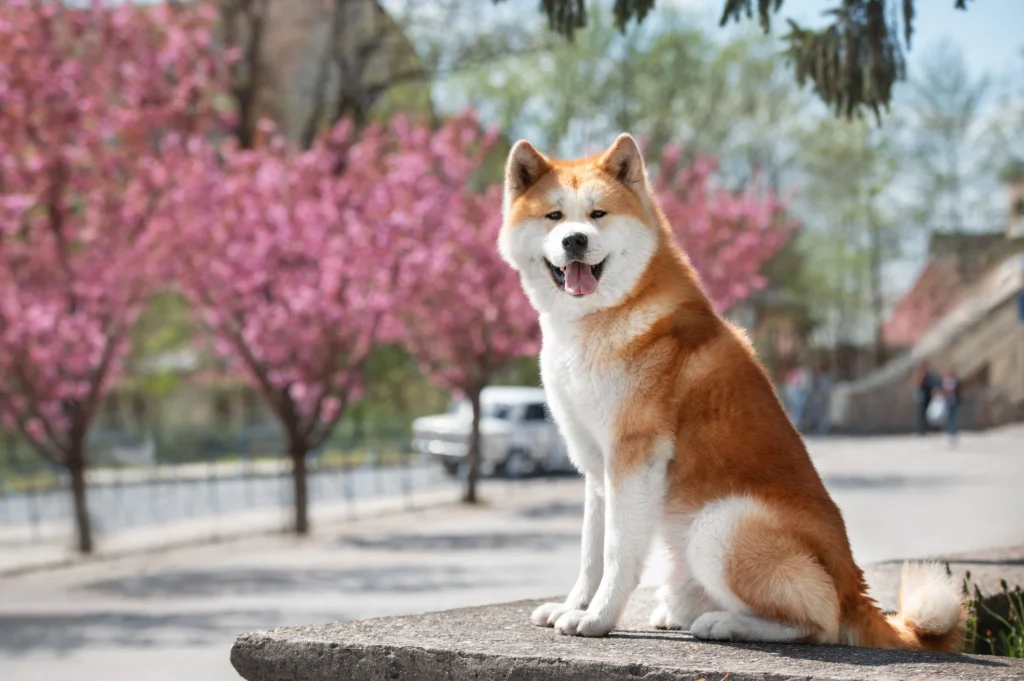 An Akita Inu sitting down, there are Japanese blossom trees in the background
