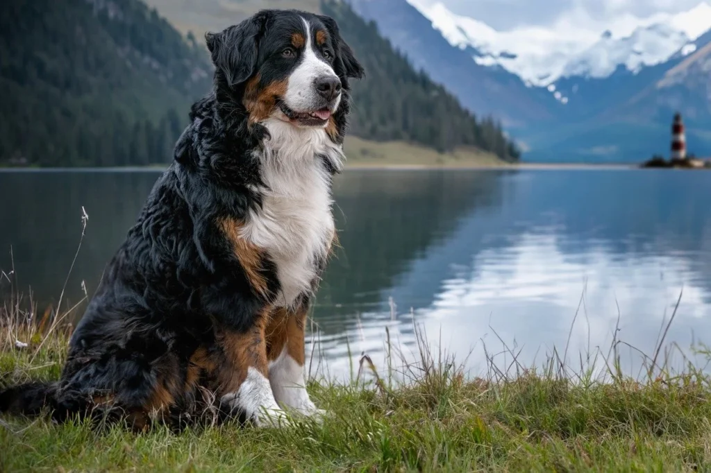 A Bernese Mountain Dog sitting by a lake with mountains and a red-and-white lighthouse in the background. The dog is mostly black, with some brown in his face, brown eye brow section, and some on his legs. His front paws are white (we cannot see his hind legs as he is sitting down), white on his chest, and a white snout.
