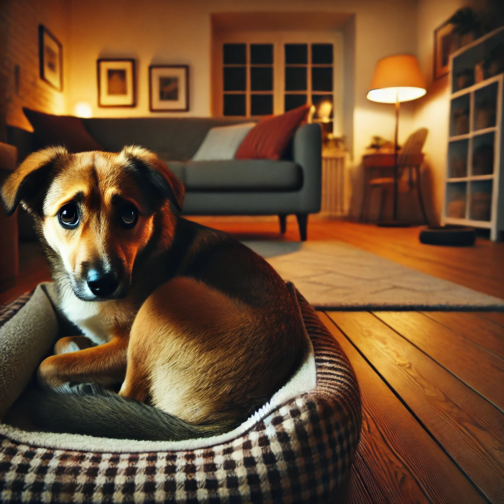 A scared and anxious dog in a loving home environment, recently adopted from a shelter. The dog, a medium-sized mixed breed with sad eyes and a tense posture, sits curled up in a cozy corner of the living room. The home is warm and inviting, with soft lighting, a dog bed, and a few toys nearby. Despite the comforting surroundings, the dog looks wary and uncertain, ears slightly back and tail tucked. The atmosphere captures the early adjustment phase called 'decompression,' where the dog is still unsure but safe.