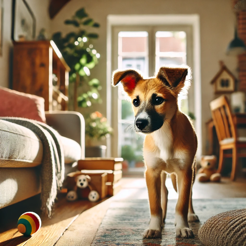 A recently adopted dog tentatively exploring a warm and loving home. The medium-sized mixed breed dog looks more relaxed than before, with ears perked up and a cautious but curious expression. The home has bright and cozy surroundings, with sunlight streaming through large windows, a comfortable couch, and a dog bed nearby. Toys are scattered around, and the atmosphere feels welcoming. The dog is still a bit hesitant but visibly improving, showing signs of settling in and feeling safer.