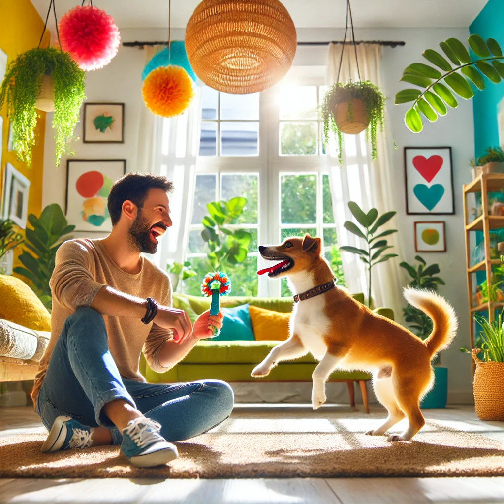 A lovely home environment filled with vibrant and bright colors, creating a happy and warm atmosphere. A happy shelter dog, now fully integrated into his new home, is joyfully playing with his new owner. The owner, laughing, engages in playful interaction with the dog, perhaps tossing a toy or playing fetch. Sunlight streams through large windows, illuminating cheerful decorations, lush indoor plants, and a cozy, welcoming ambiance.