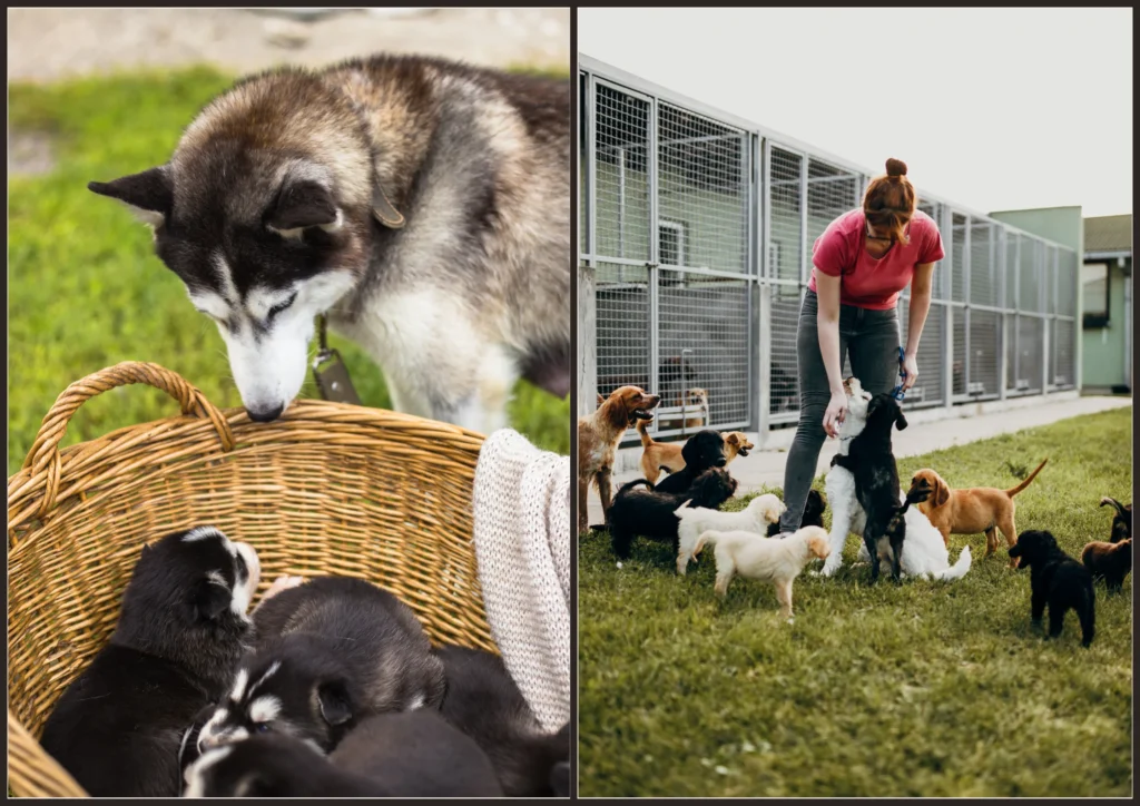 puppy or shelter dog ... that's the question! This split image shows a litter of huskies on the left, with a parent dog looking into a basket that holds the puppies. On the right, we see a shelter environment with a lady playing with several dogs in a grassy area.