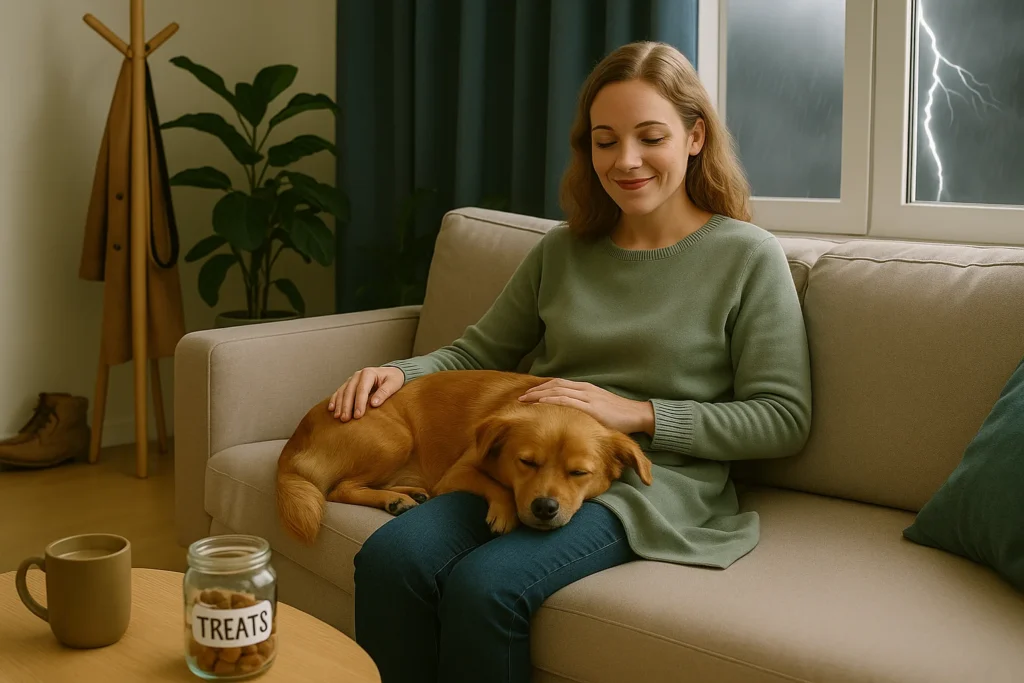 A cozy living room, a woman is sitting on the sofa with her dog snoozing besides her. The dog has his head on the woman's lap. Outside, there is a thunderstorm