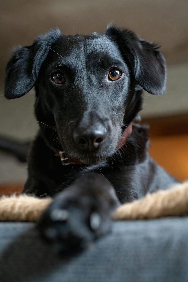 Close-up of a friendly black mixed breed dog indoors looking attentively.